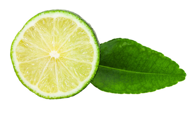 slice of fresh kaffir lime fruit with leaf