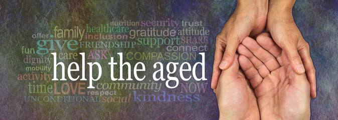 Campaign banner to Help the Aged  - wide banner with a woman's hands holding a man's cupped hands...