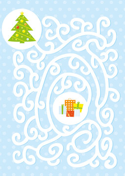 maze game for children with christmas tree and gifts