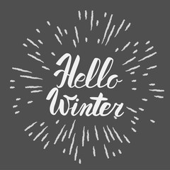 Hello winter text. Vector Brush lettering Hello Winter. Vector card design with custom calligraphy. Winter season cards, greetings for social media.