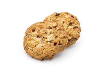 Oatmeal cookies with cranberries on a white background.
