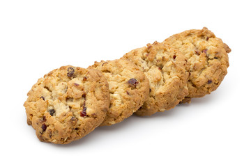 Oatmeal cookies with cranberries on a white background.