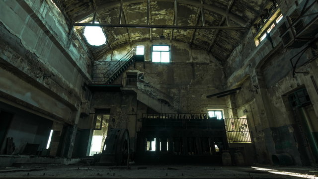 4K abandoned factory interior timelapse,motion control tracking