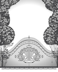 Beautiful card Forged gate in the garden. Monochrome illustration. Vintage design.