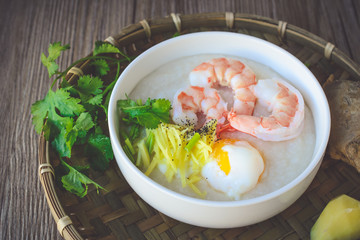  rice porridge with shrimp and egg,vintage tone, Thai Food, Thai