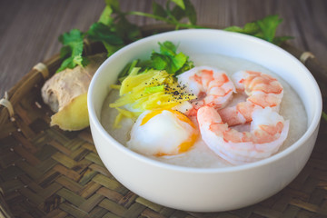  rice porridge with shrimp and egg,vintage tone, Thai Food, Thai