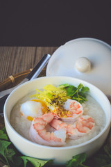  rice porridge with shrimp and egg,vintage tone, Thai Food, Thai