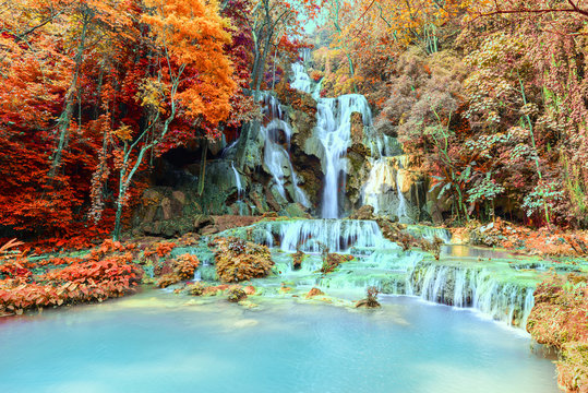 Rainforest waterfall, Tat Kuang Si Waterfall at Luang Prabang, Loas.