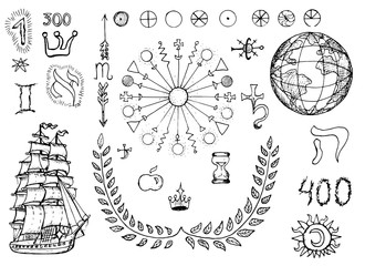 Graphic set with ship, earth planet and mystic symbols.