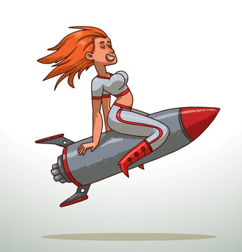 Vector cartoon image of a girl with red hair in a white-red tank top, white-red pants and red boots sitting astride a red-and-gray metal rocket on a light background.