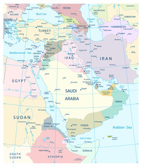 Fototapeta na wymiar Map of Middle East and Southwest Asia.