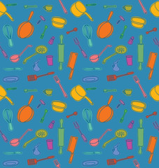 Vector Kitchen Utensils seamless color pattern on blue background. Seamless image of different kitchenware and utensils of different colors on a blue background.