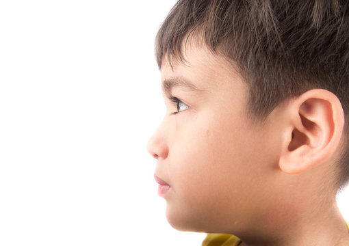 Little Boy Looking Up With Smiling On White Background