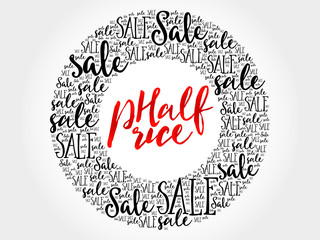 HALF PRICE circle word cloud, business concept background