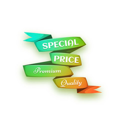 Vector illustration of curved paper banner. Ribbon. Special price and premium quality title