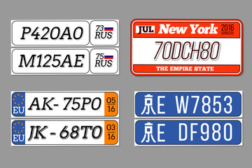 License car number plates vector set. USA, European Union, China, Russia