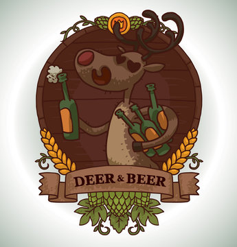 Vector image of round brown wooden emblem with banner, yellow ears, green hop cones and with cartoon image of a funny brown deer with bottles of beer on a light background.