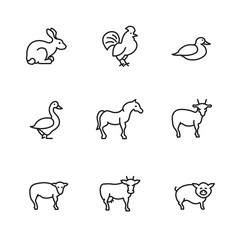 Farm animals line vector icons set