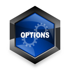 options blue hexagon 3d modern design icon on white background