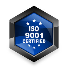 iso 9001 blue hexagon 3d modern design icon on white background