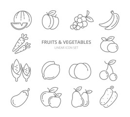Fruits and vegetables linear icons vector set