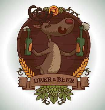 Vector image of round brown wooden emblem with banner, yellow ears, green hop cones and with cartoon image of a funny brown deer with two bottles of beer on a light background.