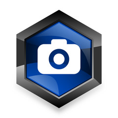 photo camera blue hexagon 3d modern design icon on white background