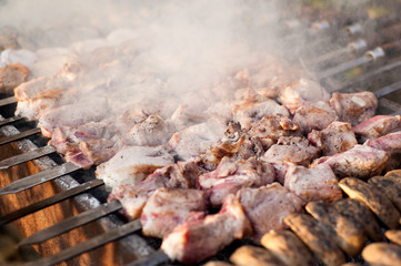 beef and pork steak bbq on the grill