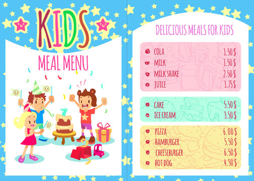 Kids meal menu. Vector template brochure