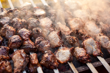 beef and pork steak bbq on the grill