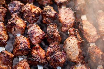 beef and pork steak bbq on the grill