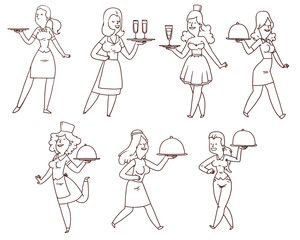 Vector Waitresses set, line art. Line cartoon image of seven waitresses in different clothes and with different attributes in their hands on a white background.