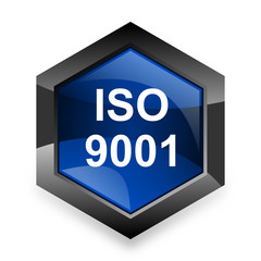 iso 9001 blue hexagon 3d modern design icon on white background