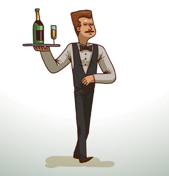 Vector сartoon image of a brown-haired waiter in black trousers, white shirt, black vest and bow tie with a gray tray of champagne in his hand running on a light background.