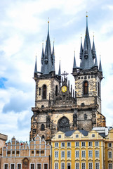 Fototapeta na wymiar The Tyn Church in the blue sky in Prague. Located on the Old Town Square, the main parish church district Nove Mesto.