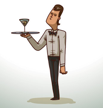 Vector сartoon image of a dark-haired waiter in black trousers, white shirt and black bow tie with a gray tray with a cocktail in his hand smiling on a light background.