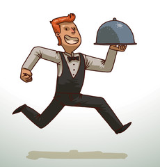 Vector сartoon image of a red-haired waiter in black trousers, white shirt, black vest and bow tie with a gray cloche in his hand running and smiling on a light background.