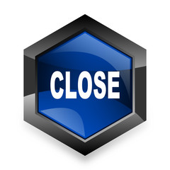 close blue hexagon 3d modern design icon on white background