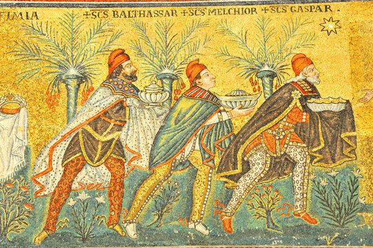 Three Kings bearing gifts. Ancient roman mosaic from Ravenna