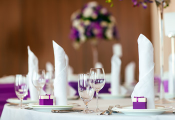Table set for wedding or another catered event dinner.