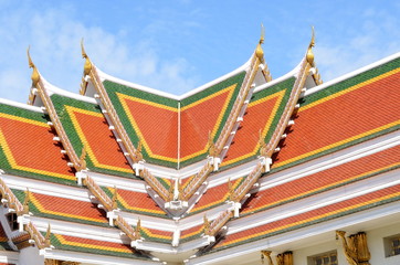 Thai temple roof/Thai temple roof on blue sky background,wat phra si mahathat,bangkok city,thailand.