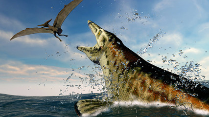 pteranodon and a predatory sea dinosaur © Sergey Drozdov