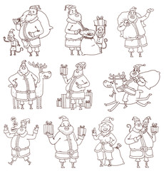 Fototapeta na wymiar Vector line cartoon image of set of Santa Clauses in various poses with various attributes and animals on a white background. In the theme of Christmas and New Year. 