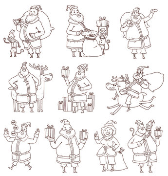 Vector line cartoon image of set of Santa Clauses in various poses with various attributes and animals on a white background. In the theme of Christmas and New Year. 