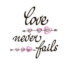 Love never fails lettering handmade vector calligraphy. Simple stylish text design template on white background.