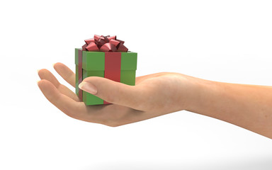 Hand holding green gift box with red ribbon isolated on white background, 3d render