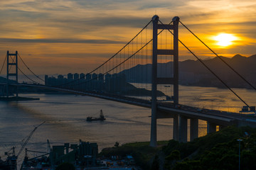 Tsing Ma Bridge at sunset in Hong Kong