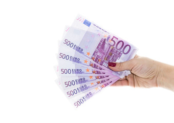 hand holding 500 euro money isolated on white background