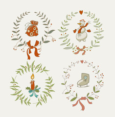 Christmas wreaths set with snowman and New Year graphic elements, holiday symbols