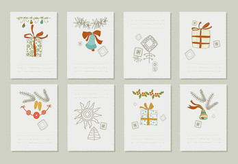 Fototapeta na wymiar Hand drawn collection of romantic invitations to Christmas and New Year. 8 gentle cards.